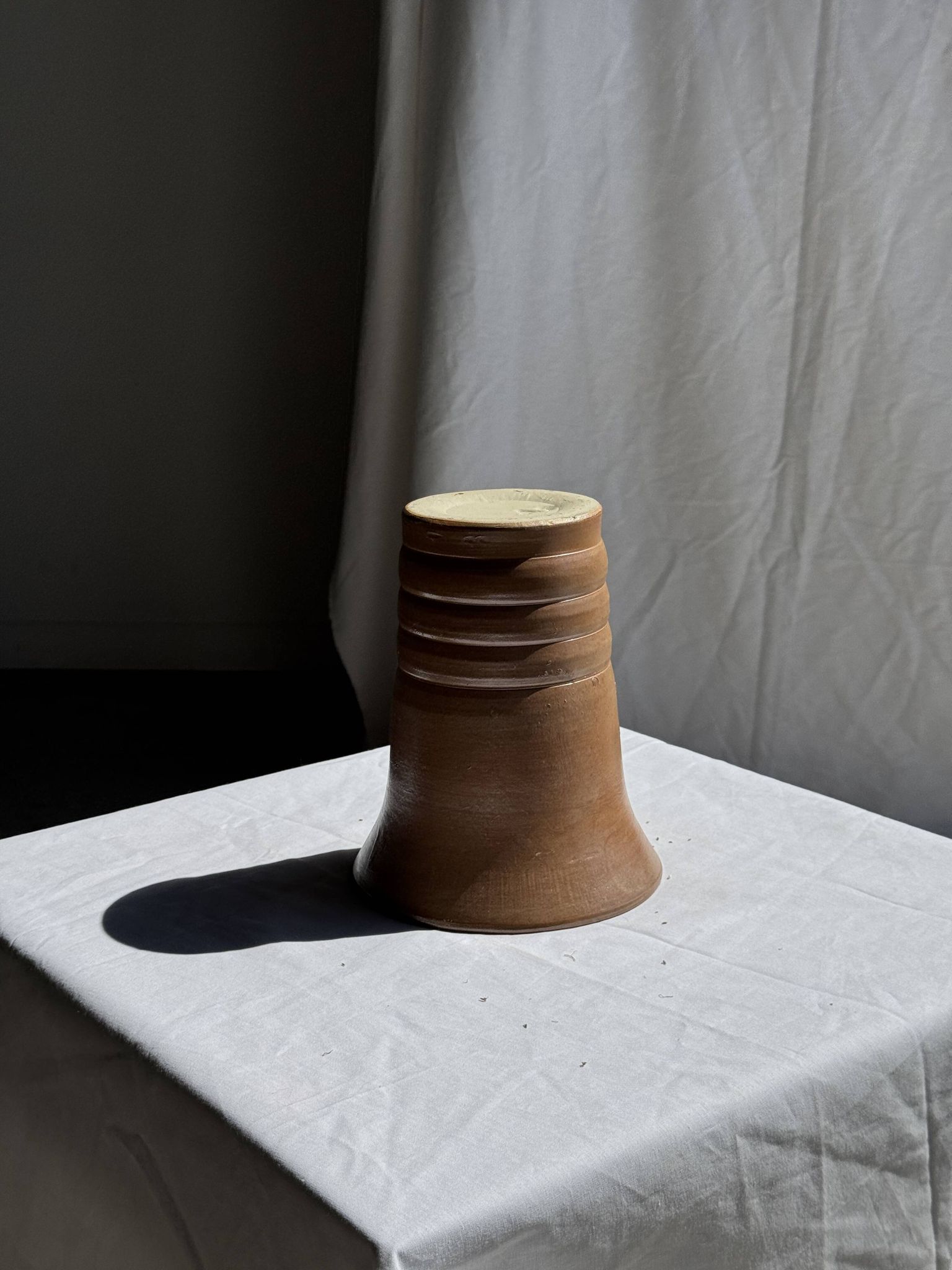 Vintage ceramic vase in glazed brown-orange with stripes H21.5 D19