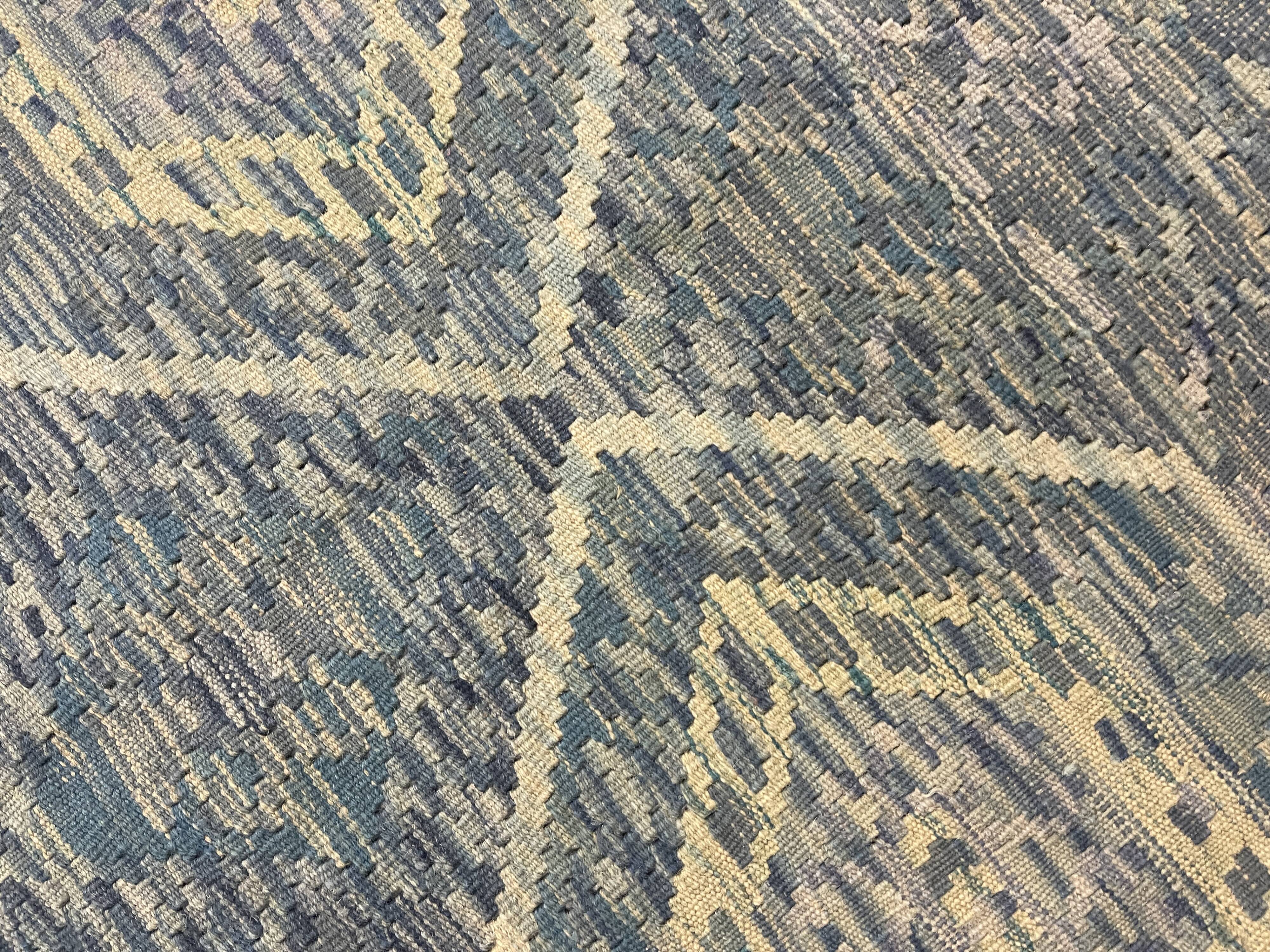 Geometric Kilim Rug, Bule Beige Contemporary Wool Carpet 195 x 128 cm