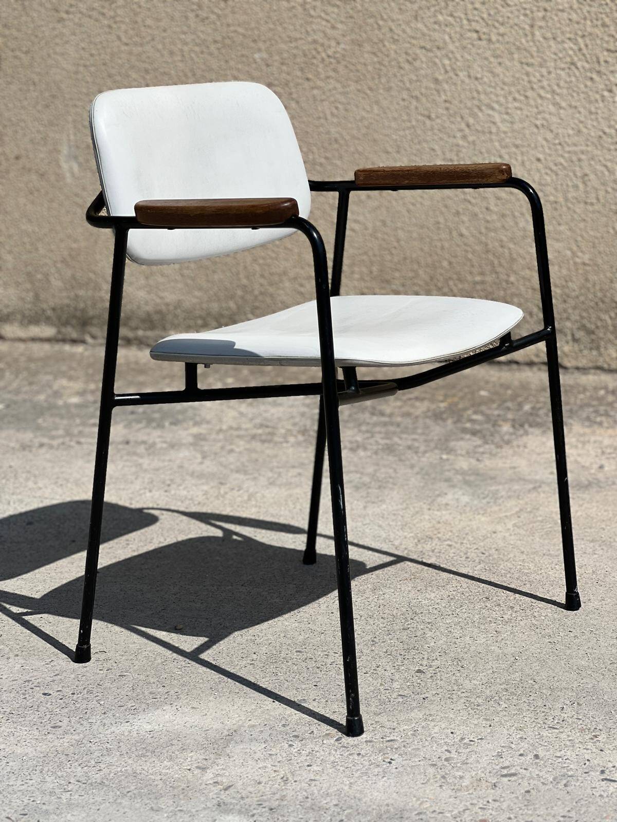 Vintage 1950s metal, oak and faux leather armchair