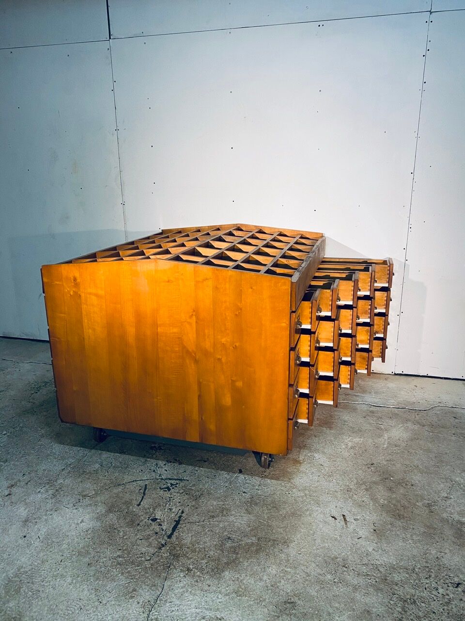 Double-sided wooden industrial filing cabinet with 48 vintage drawers