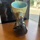 Vintage ceramic vase sculpture with openwork handles – Flamed green & black glaze (c. 1950–1960, Numbered 343)