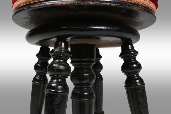 Tabouret de piano Art Déco en bois laqué noir avec rembourrage en velours rouge, Fr