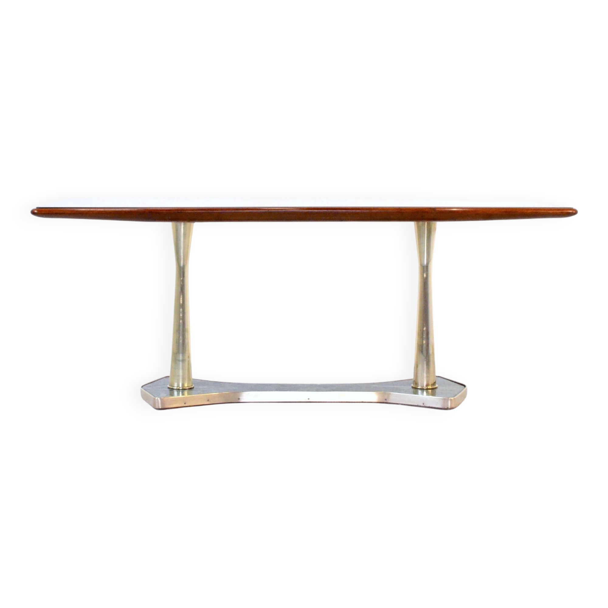 Table à manger italienne du milieu du siècle en acajou, laiton et marbre. Fr