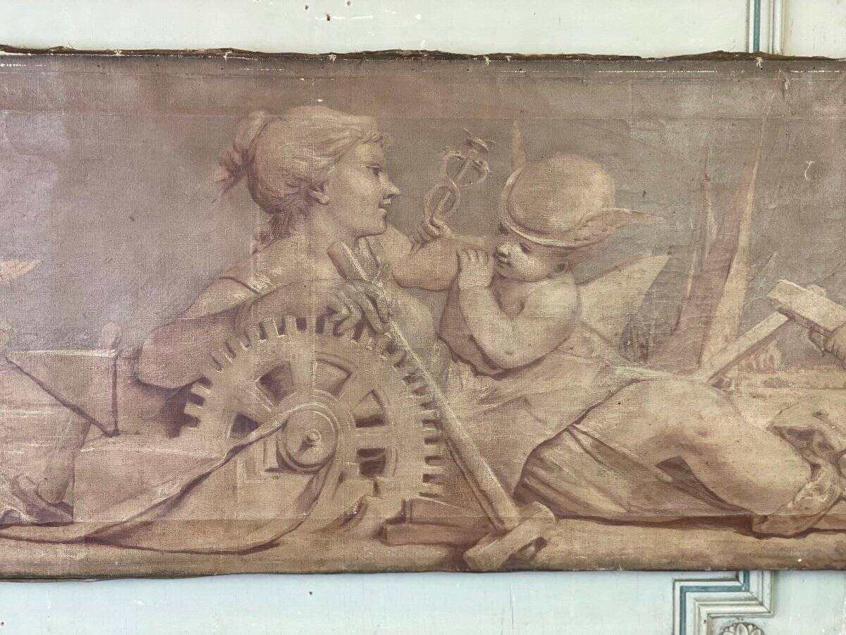 Allegory, oil on canvas, trompe-l'œil imitating sanguine, 19th century.