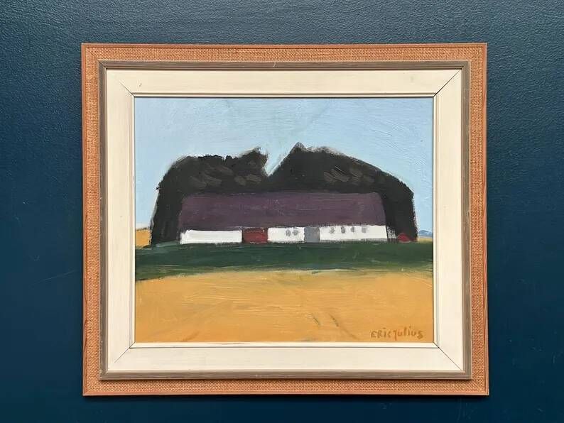Original Swedish Oil on Canvas – "Farm" by Eric Julius – Signed – Vintage & Framed – 61 × 53 cm (24" × 20.9")