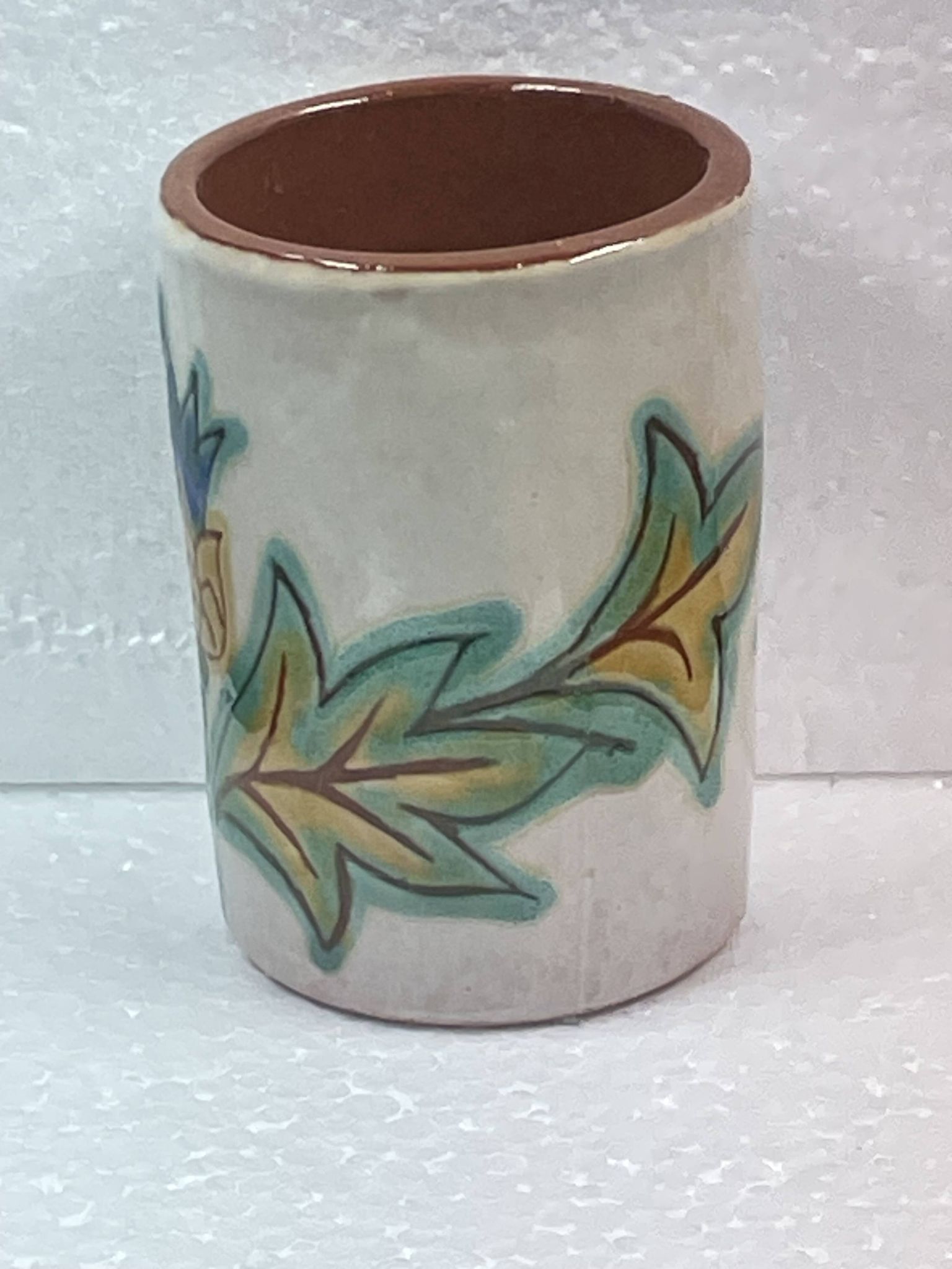 Vintage ceramic, 70" vintage cornflower enameled brush pot to identify
