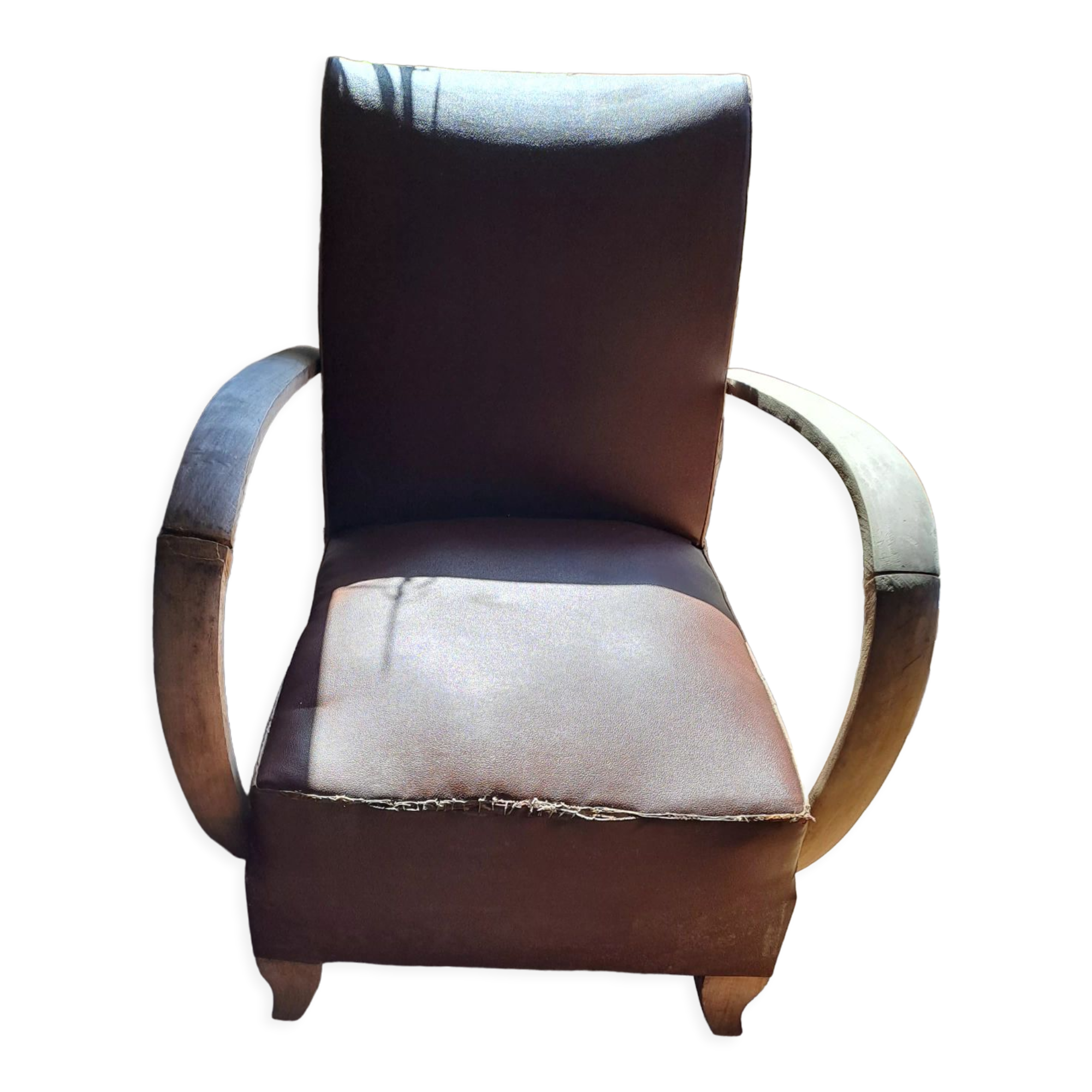 Fauteuil cuir art déco 1930 base bois