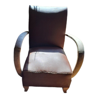 Fauteuil cuir art déco 1930 base bois