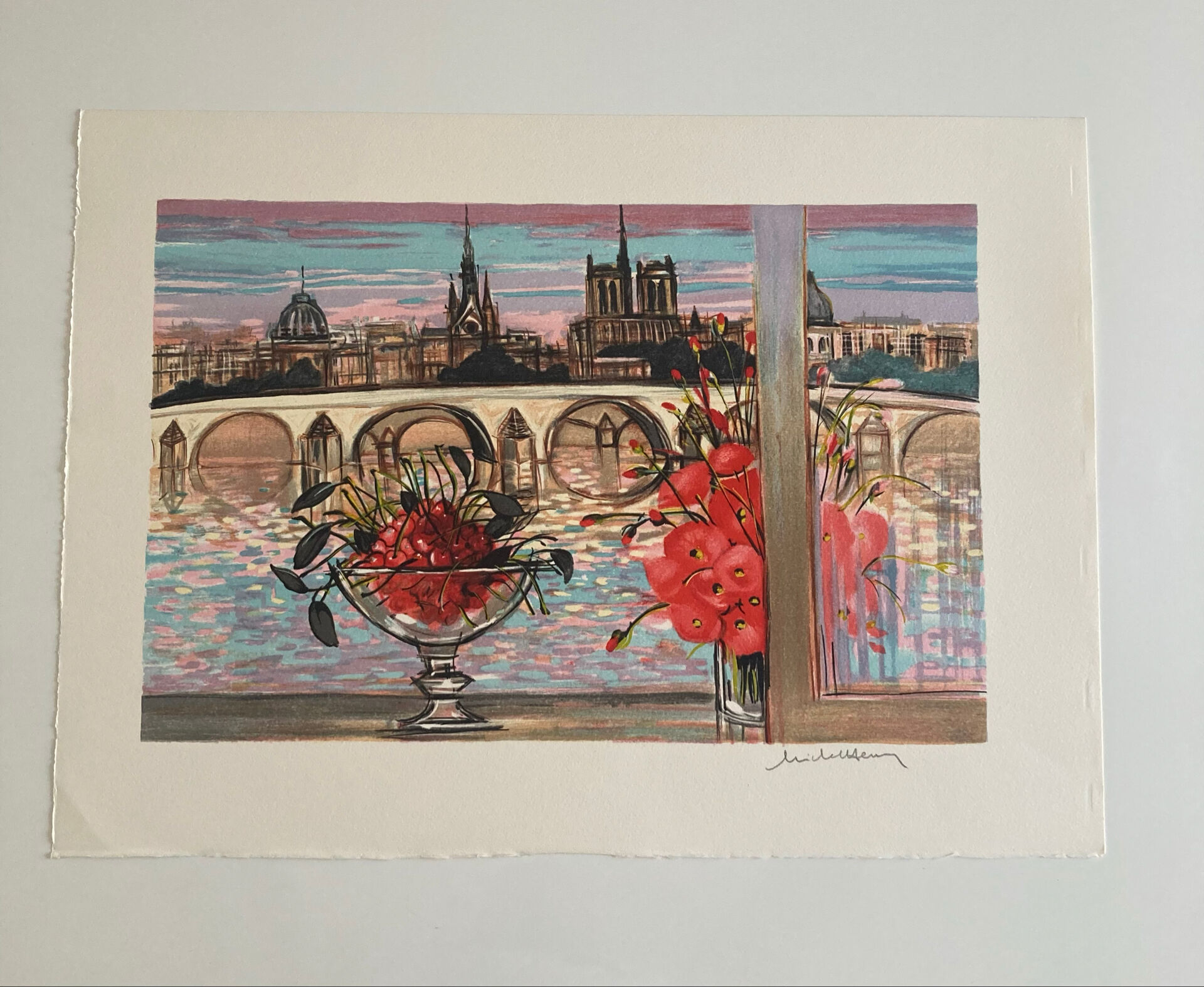 Lithograph signed by Michel Henry - The Institute and Notre Dame de Paris