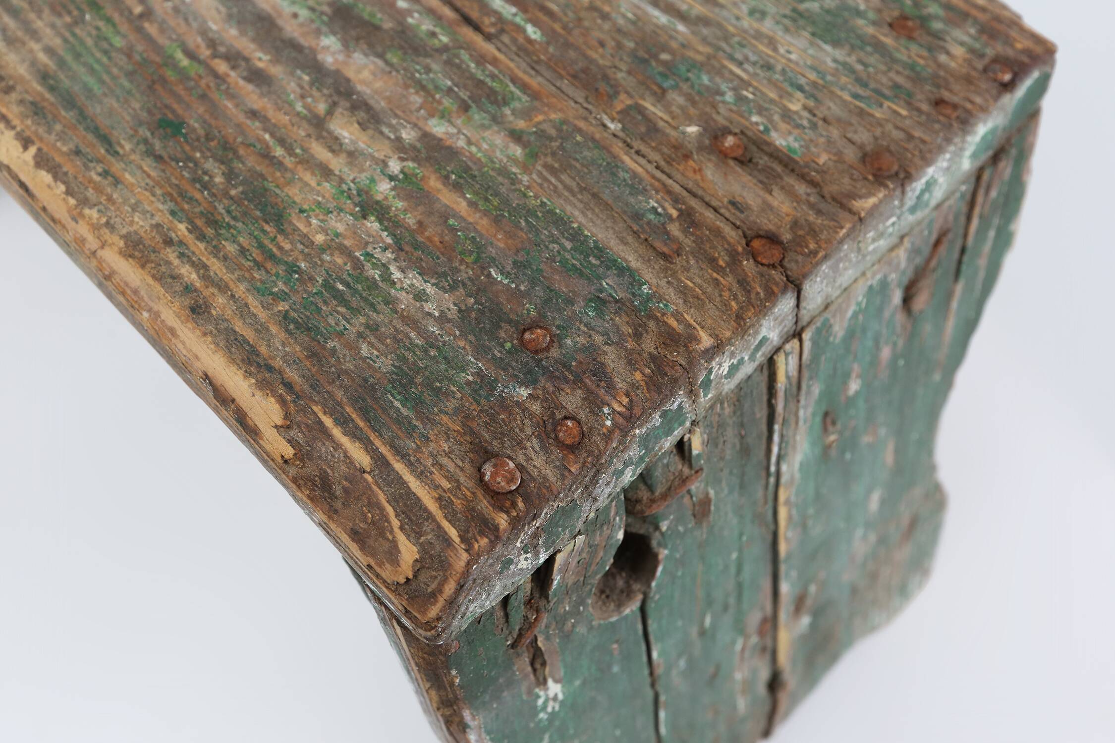 Industrial green wooden stool with nice patina, France 1900