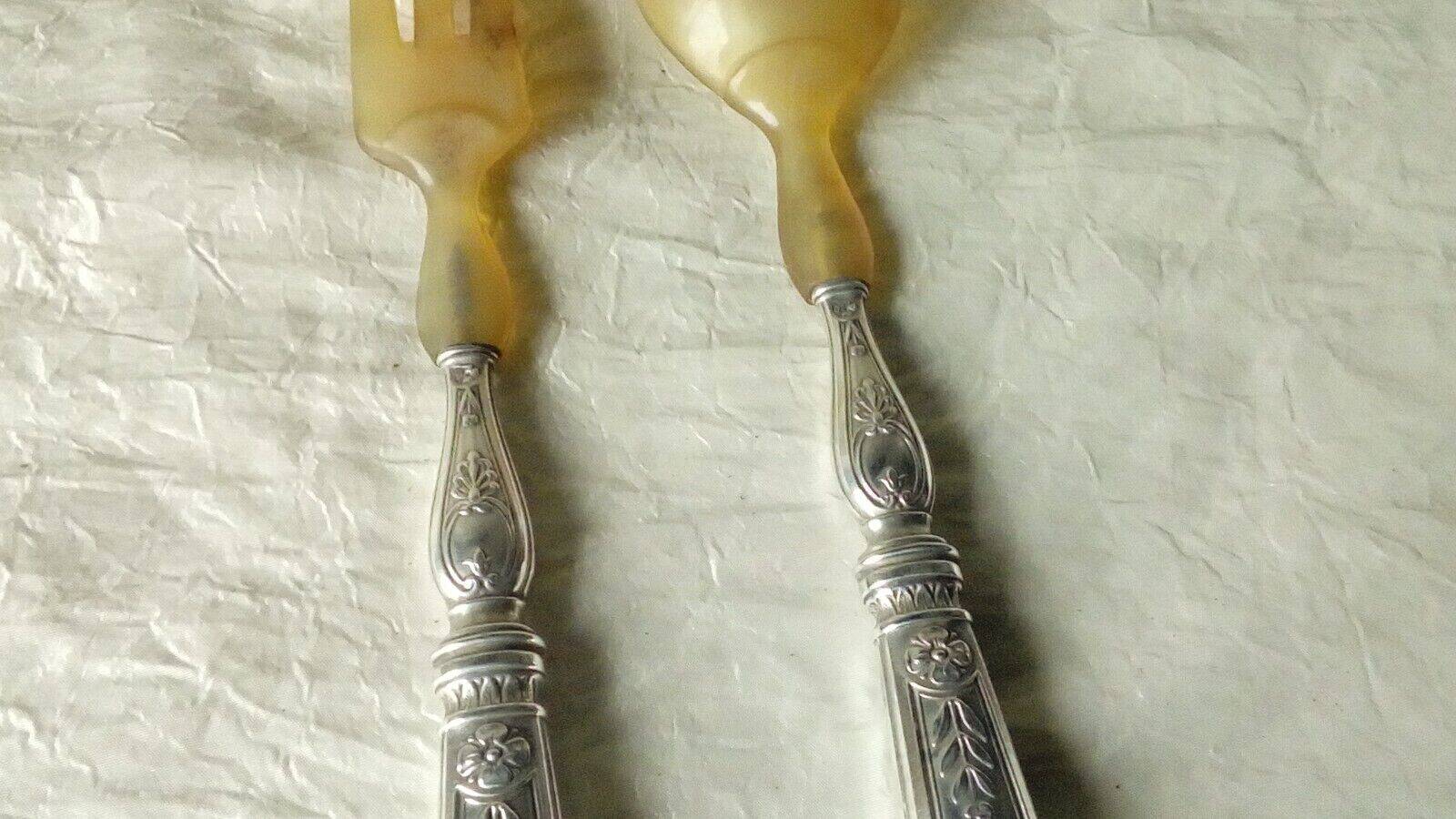 Horn salad cutlery, silver handle, late 19th century