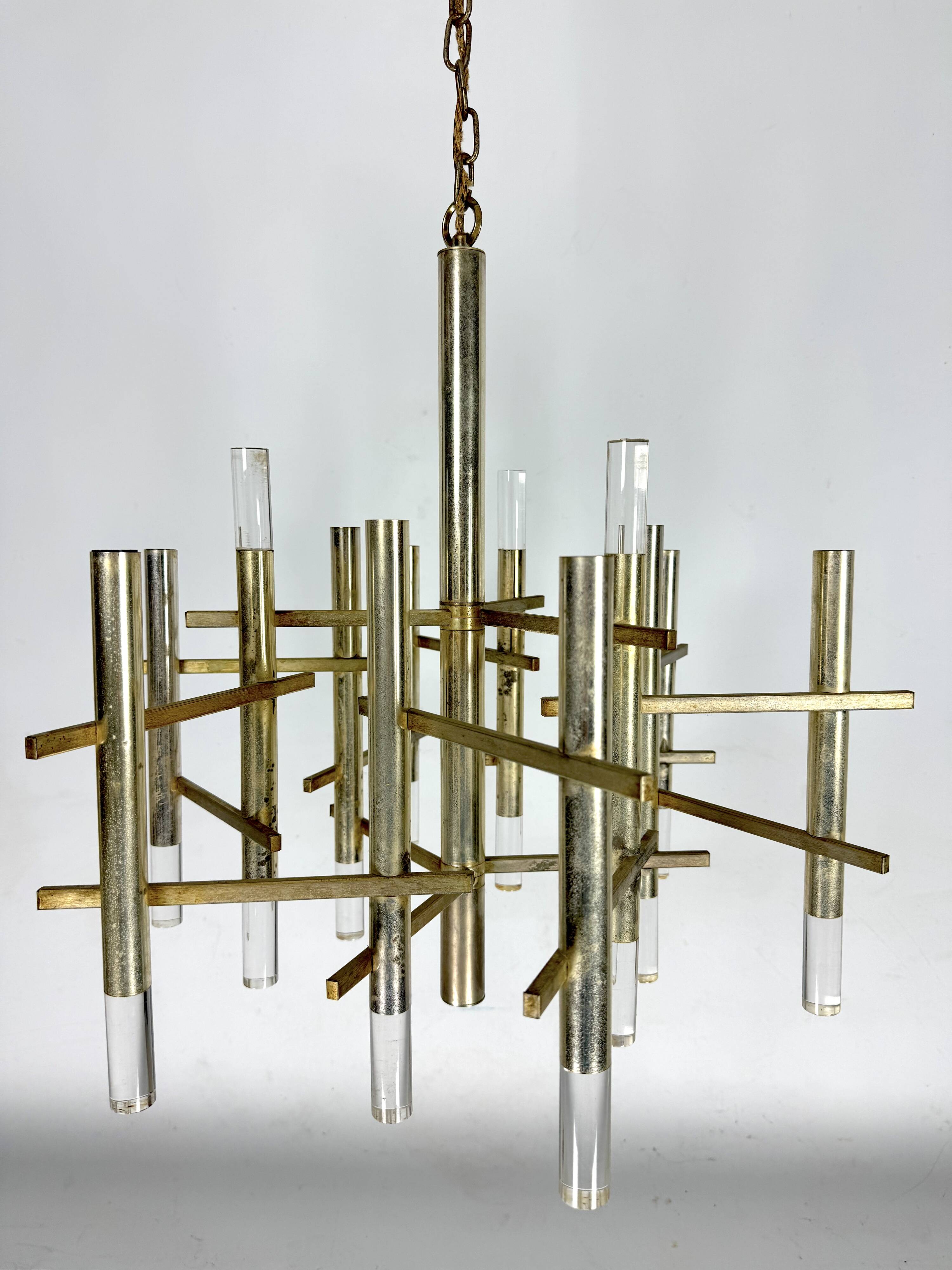 Sciolari 9 lights slight gilded chrome and perspex Chandelier model Ice, Italy 60s