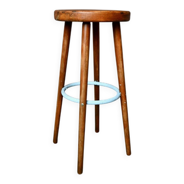 Tabouret de bar vintage années 60 bois et métal laqué bleu