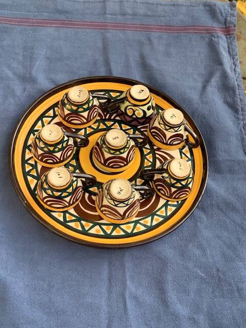 Tray, plate and 8 liqueur cups in ceramic from St Jean de Bretagne vintage 1950/60