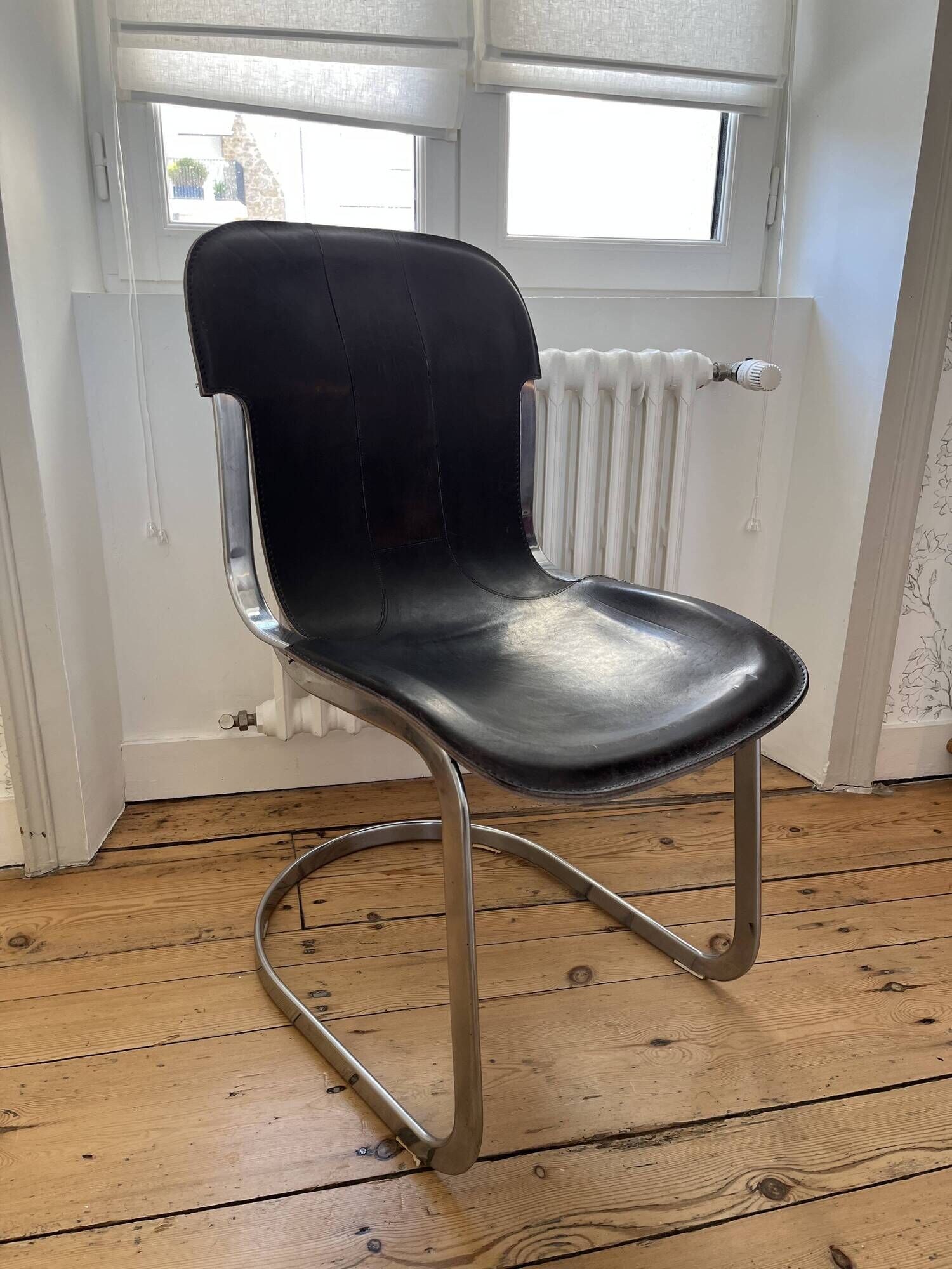 4 c2 chairs by cidue italy, in chrome metal and dark brown leather. 1970s.