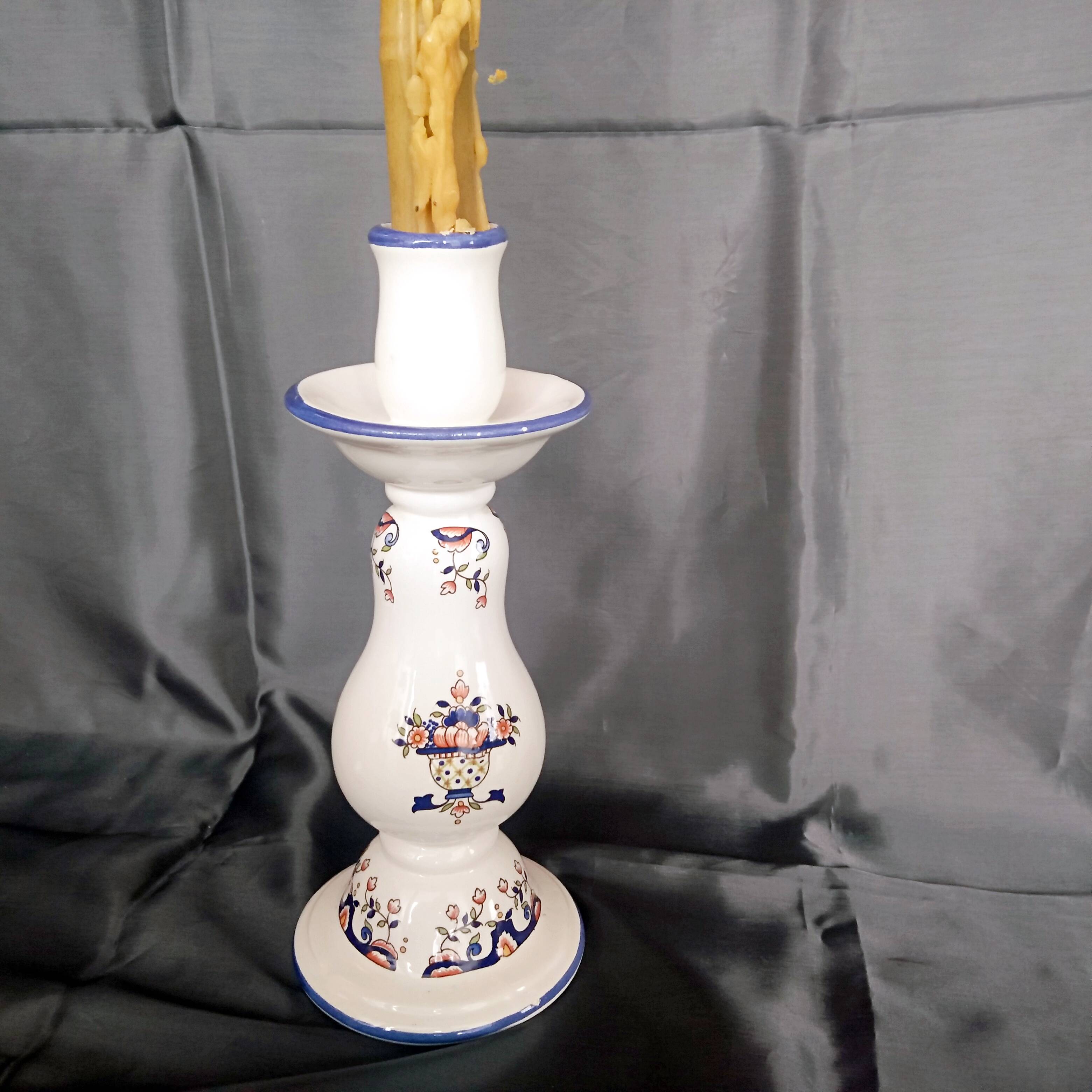 Old Rouen style earthenware candle holder decorated with flower basket 25 cm