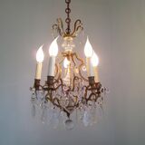 French antique bronze glass & crystal 5 light cage chandelier 4032