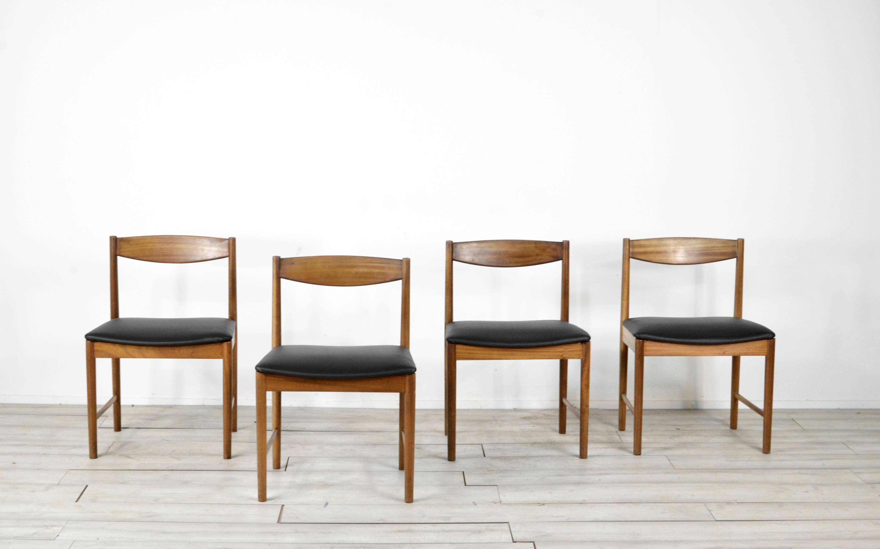 Set Of 4 Midcentury McIntosh Teak And Leatherette Chairs. Vintage Modern