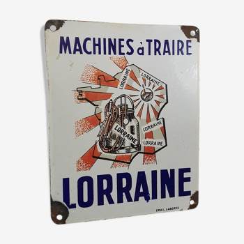 Plaque émaillée " Machine à traire Lorraine"  vintage 50