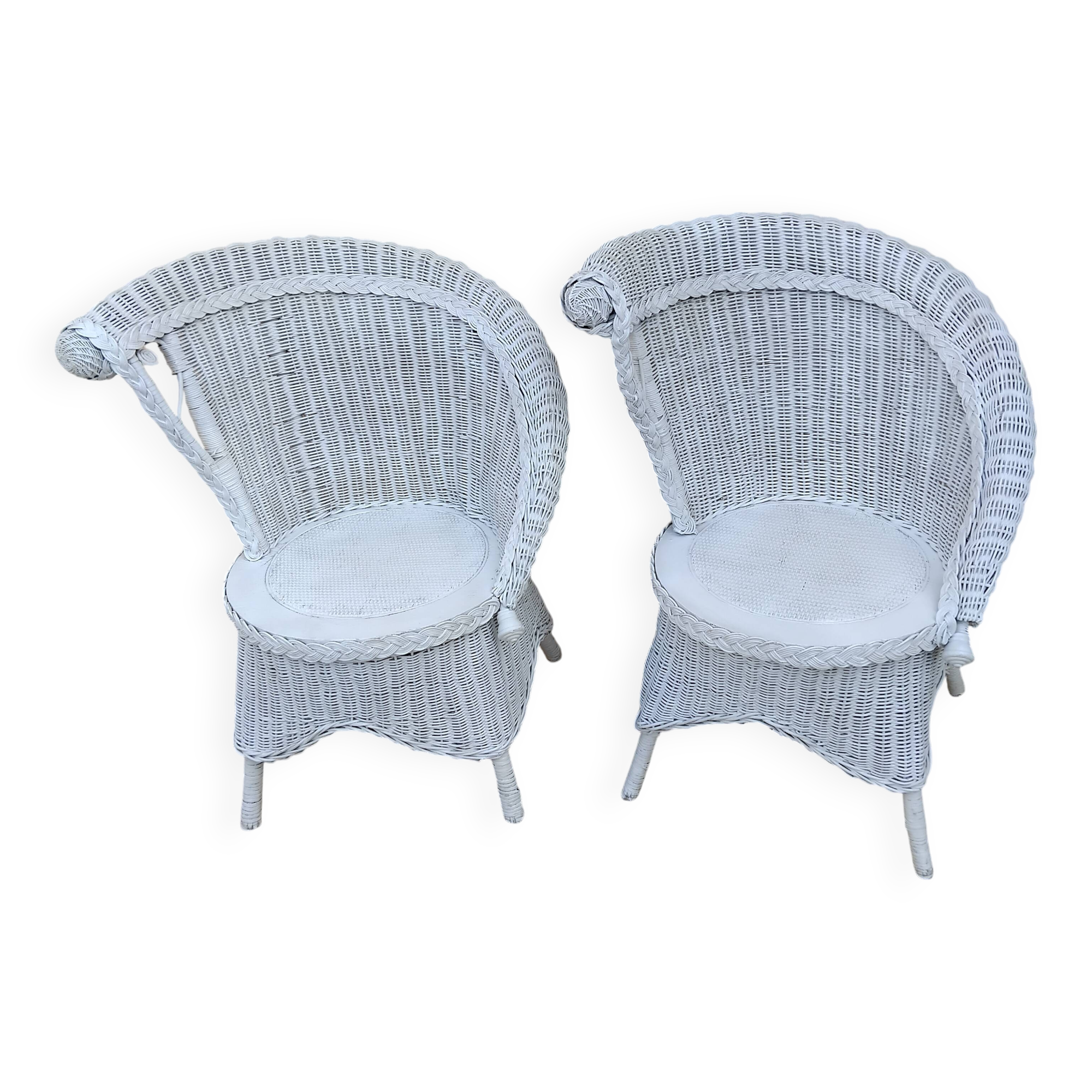 Pair of vintage art deco white rattan wicker armchairs