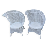 Pair of vintage art deco white rattan wicker armchairs