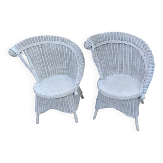 Paire de fauteuil en osier rotin blanc art deco vintage