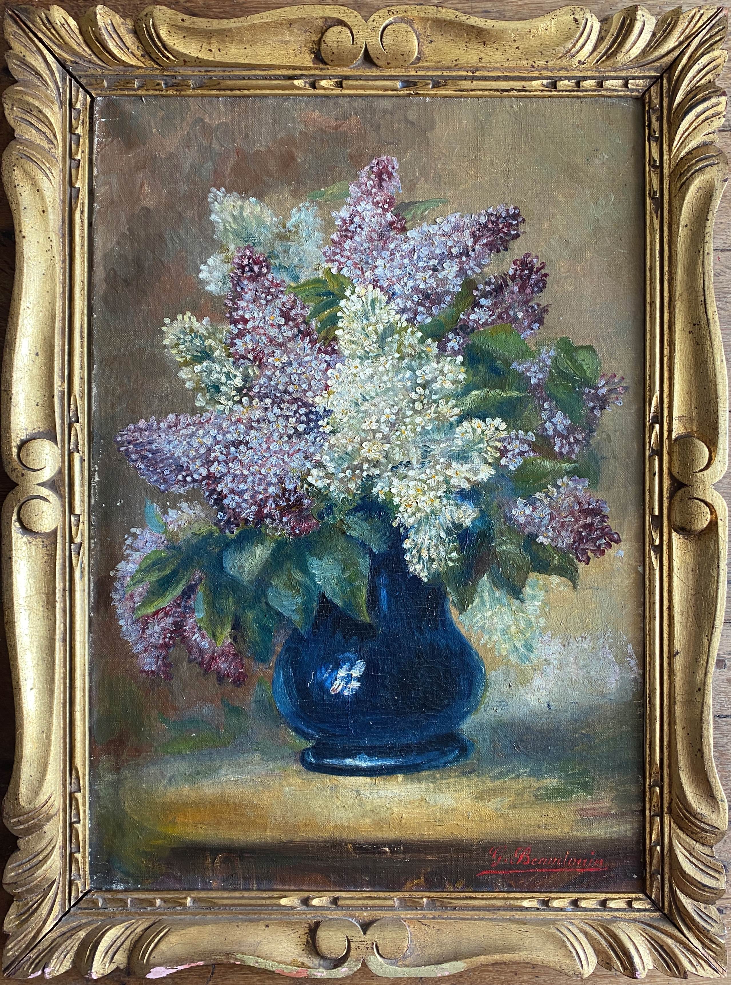 Painting "Bouquet of Lilac" signed G. Beaudouin late nineteenth + frame
