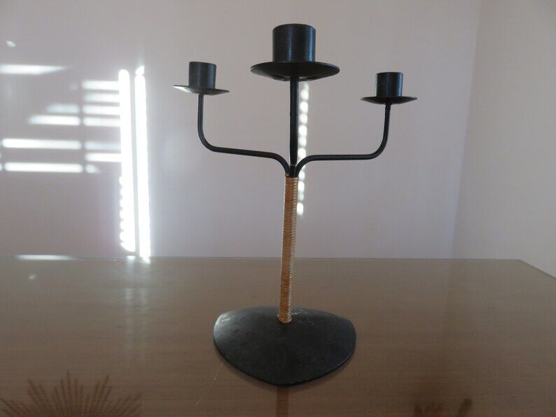 Scandinavian candle holder " LAURIDS LONBORG " metal and rattan 60s
