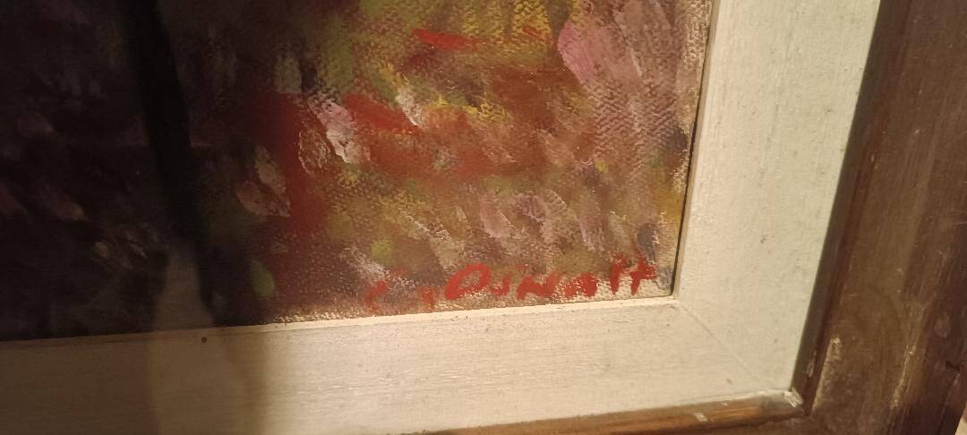 Oil painting on canvas, landscape, trees, Christine Oswalt, fishermen