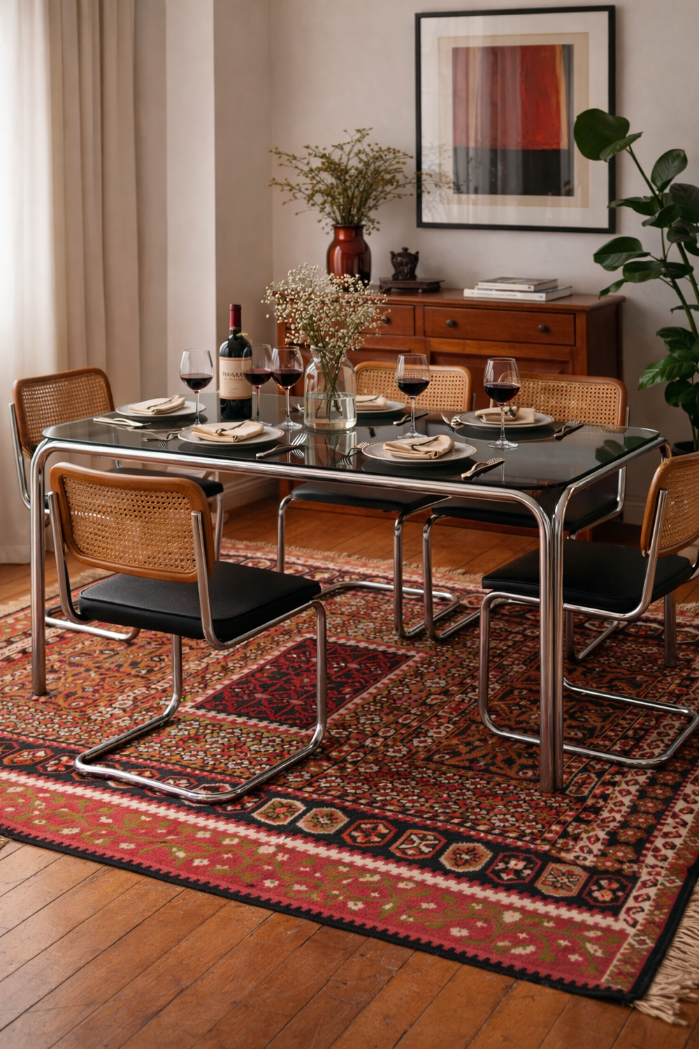 Vintage glass dining table with chrome legs.