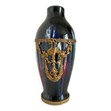 Ceramic vase with enamel drips, brass mount, around 1920, Be