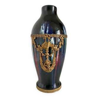 Ceramic vase with enamel drips, brass mount, around 1920, Be