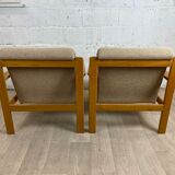 Pair of beige gray armchairs in solid wood origin Eastern countries, 70s-80s