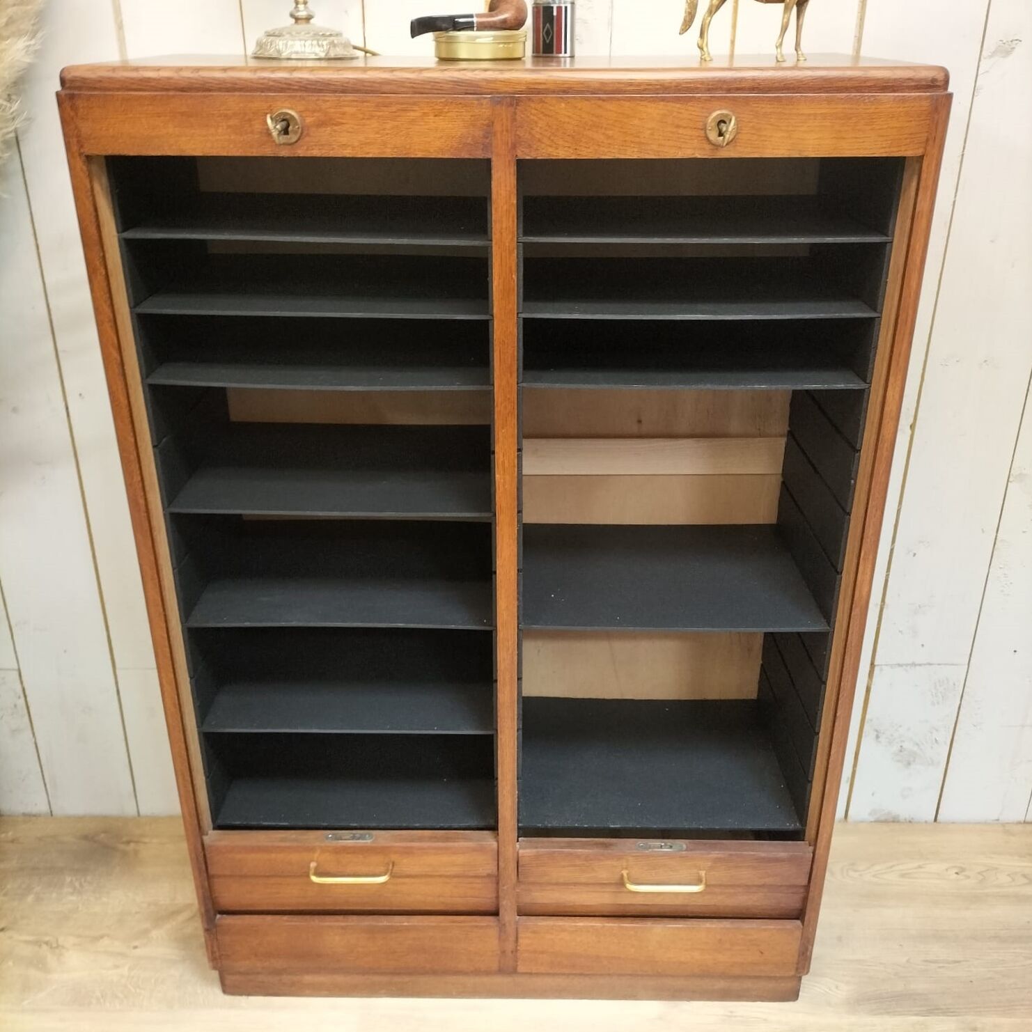 Renovated 1977 oak filing cabinet with double curtain