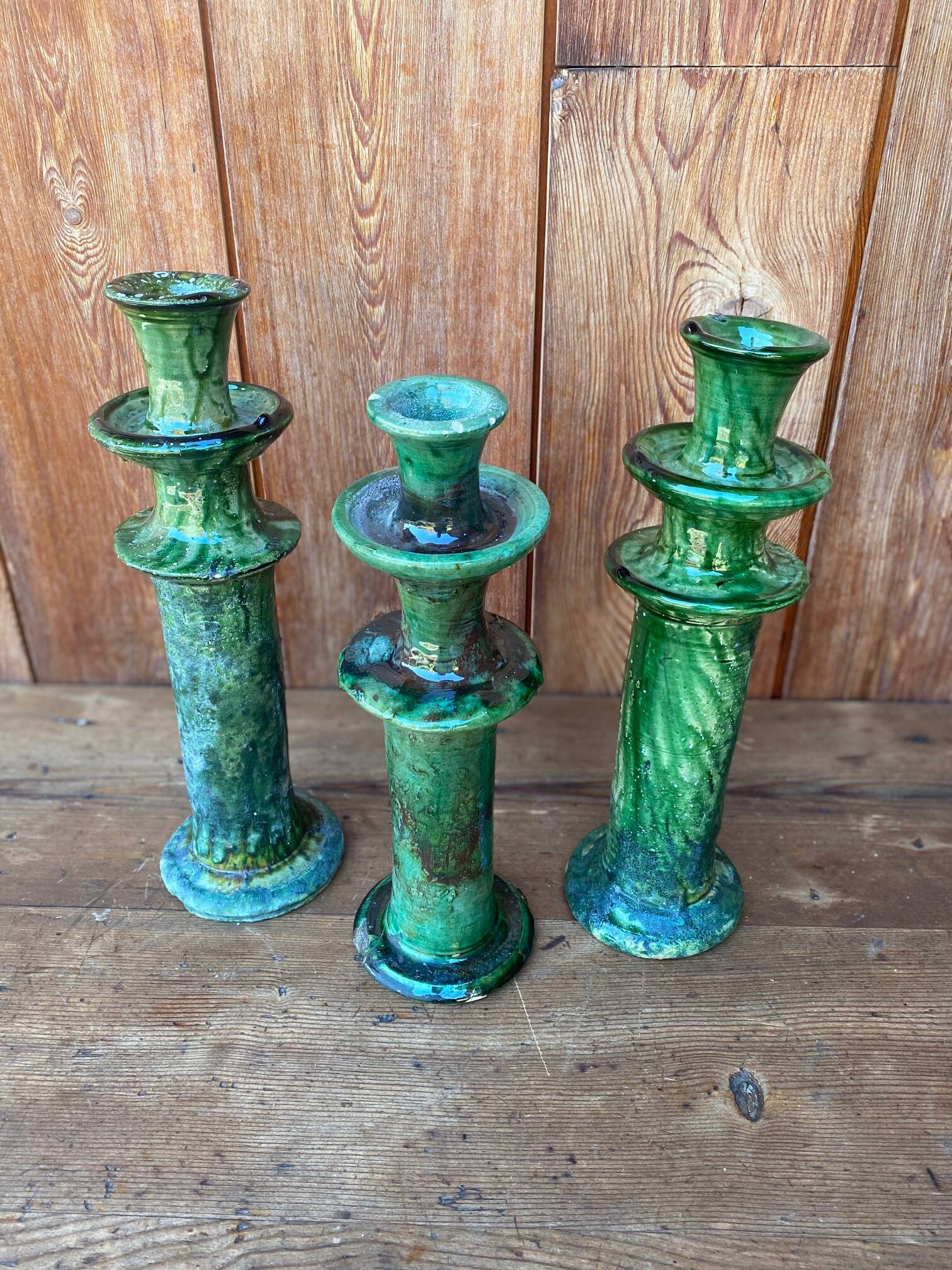 3 Tamegroute candle holders in green glazed ceramic from Morocco.