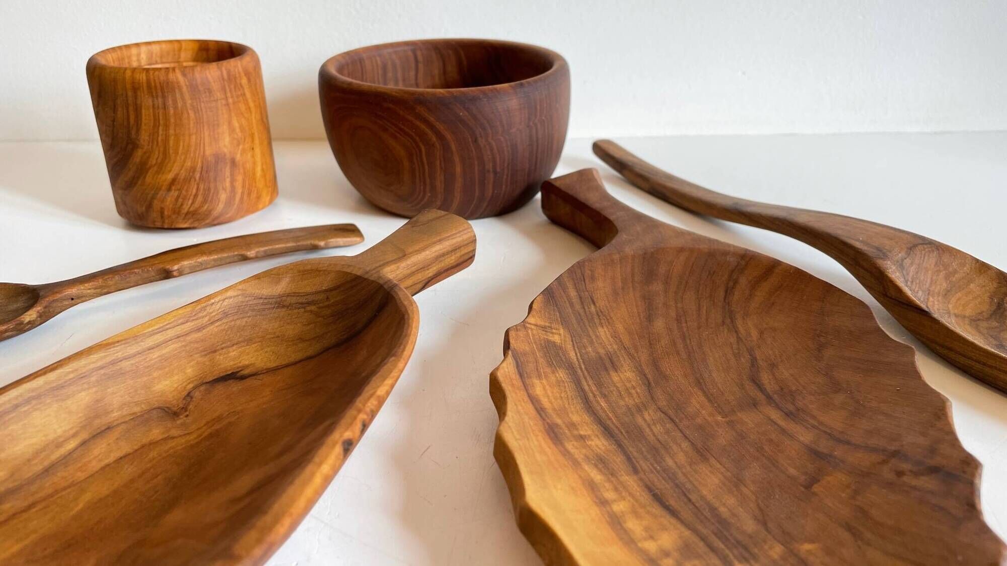 Set of vintage turned and carved wooden cups