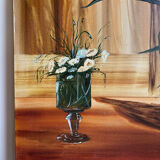 Tableau ancien, nature morte au vase et verre fleuris, signé,XX siècle