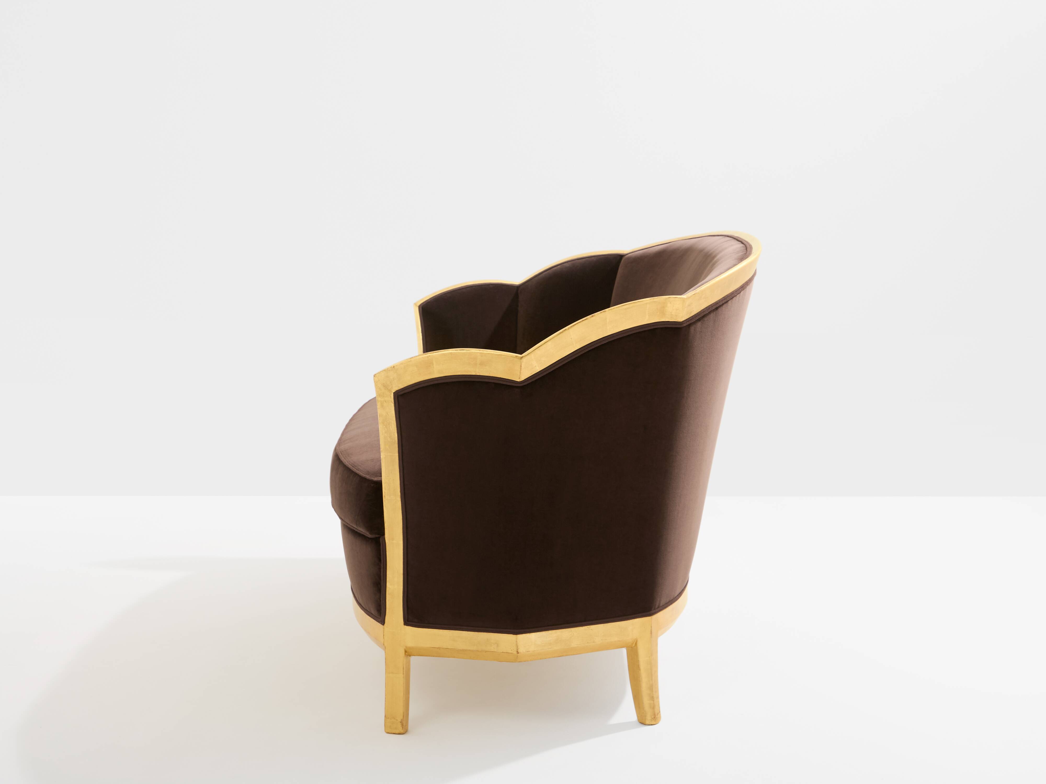 Maurice Dufrène gilded wood bench with brown velvet 1925