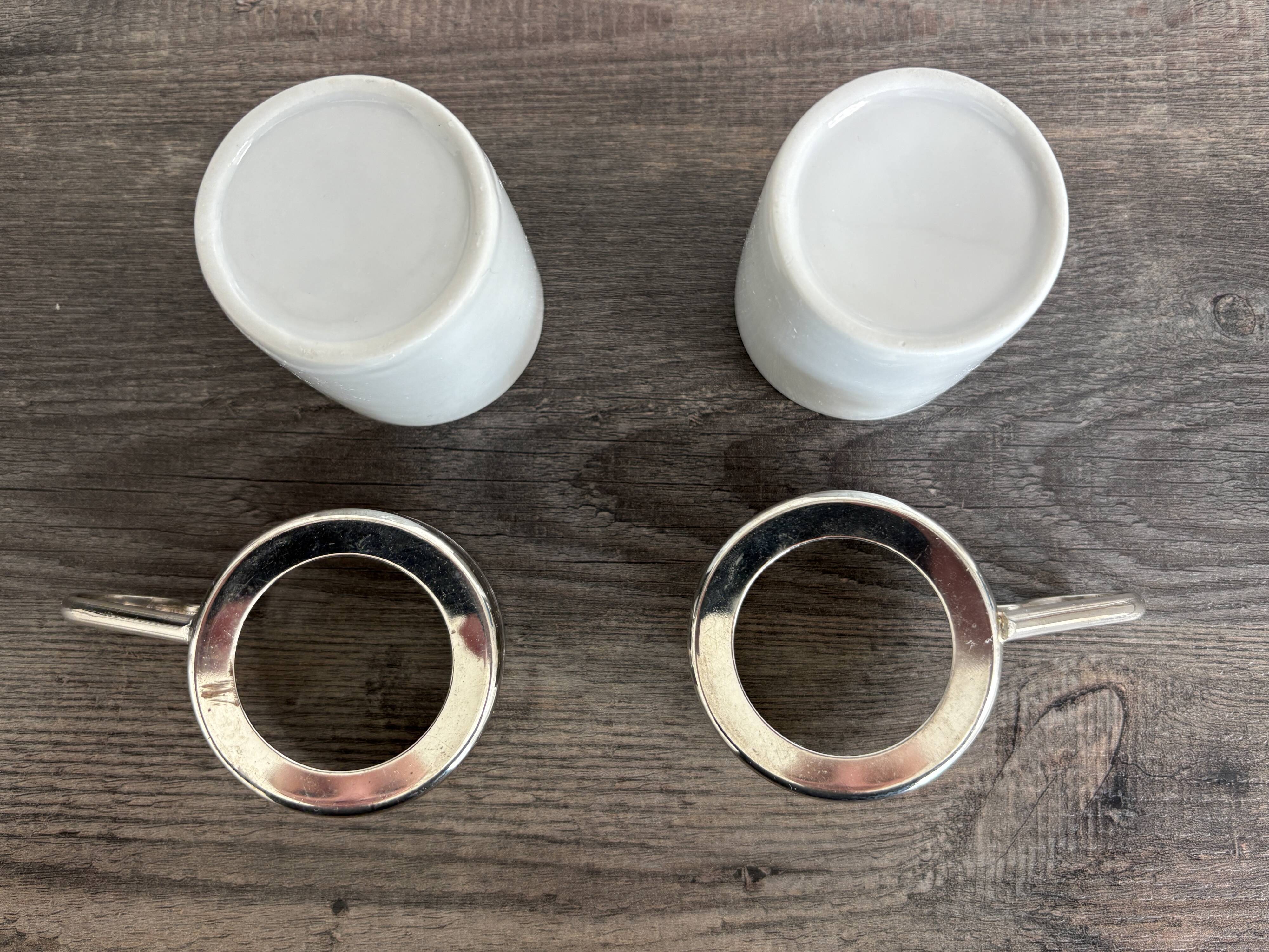 Set of 2 vintage porcelain cups with silver metal stand