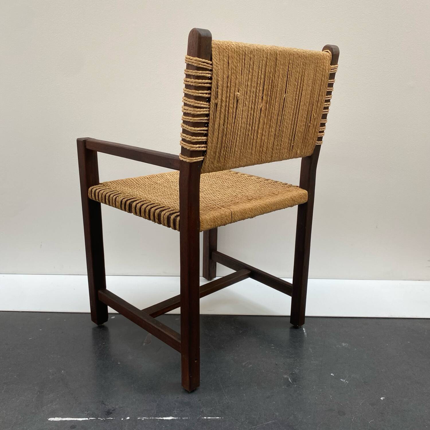 Brutalist armchair in wood and rope
