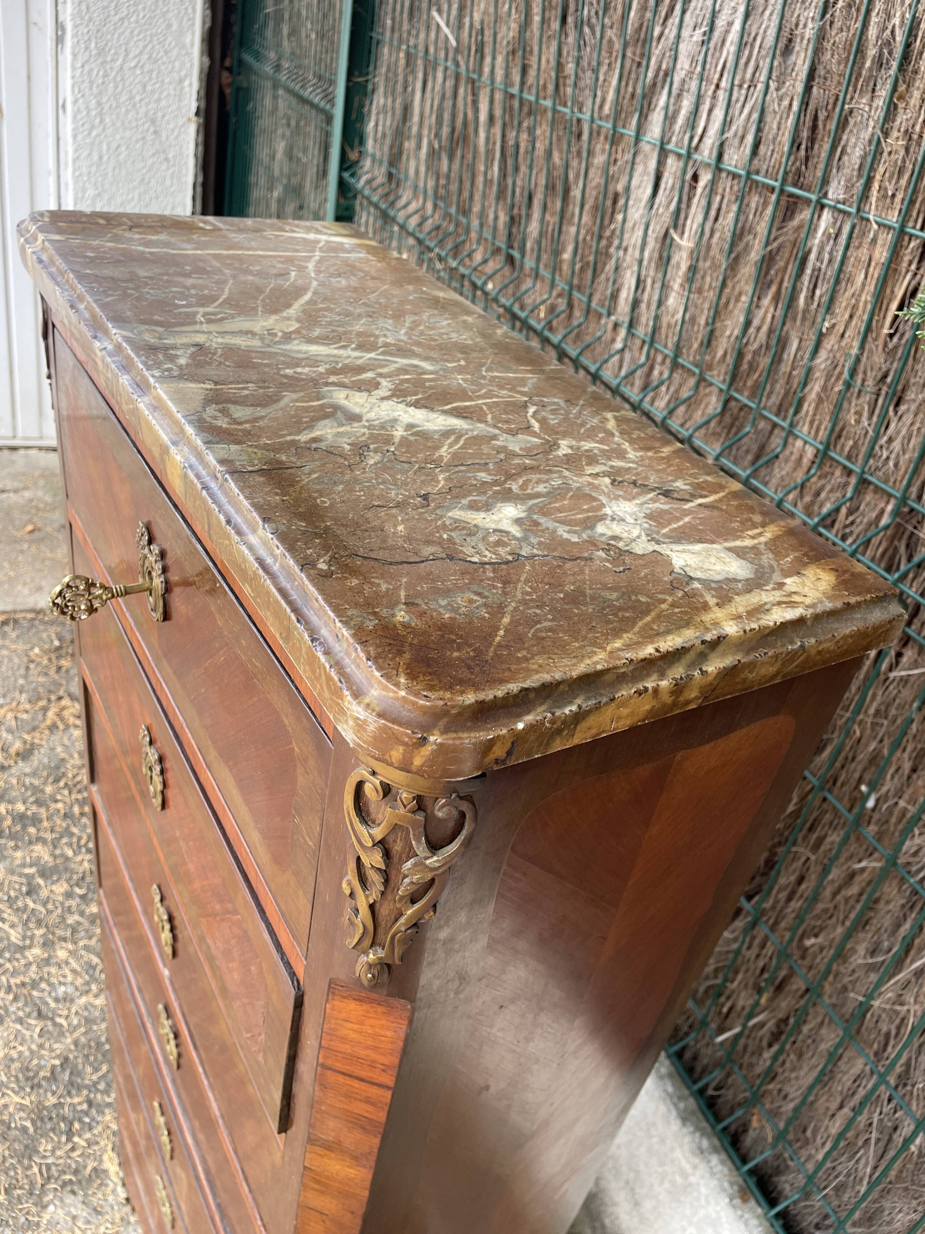 Weekly / chiffonnier, chest of drawers with 8 drawers in marquetry, marble top.