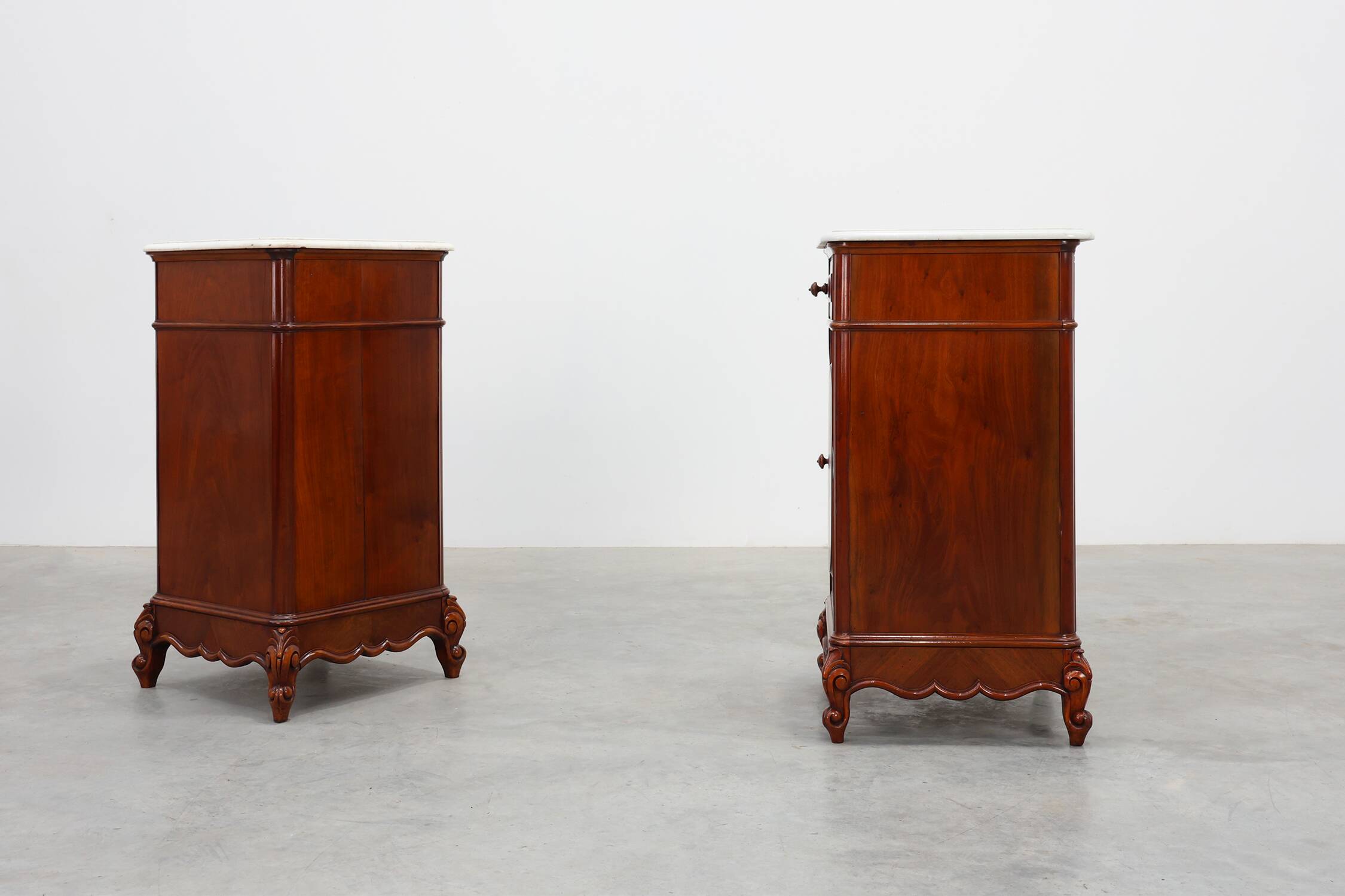 Pair Louis XV nightstands with Carrara marble top, France ca. 1890