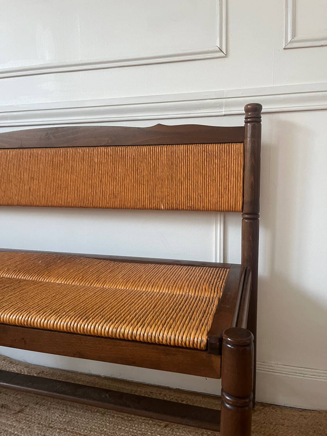 Provençal rustic wood and straw bench
