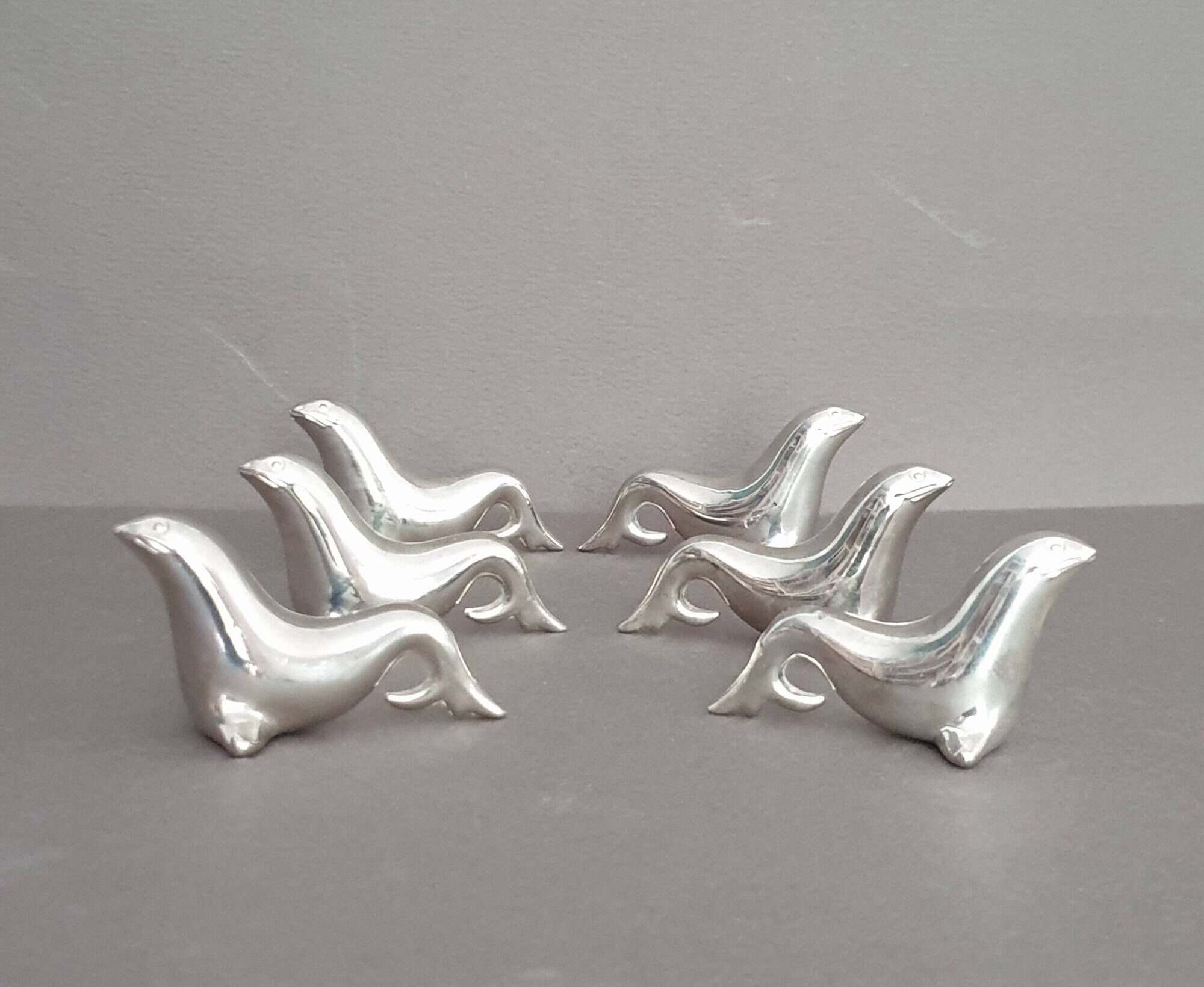6 sea lion/seal knife holders, in silver-plated metal, circa 1950