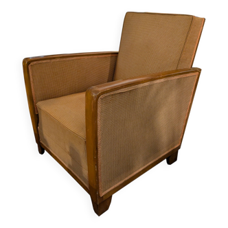 Reclining club armchair in wood and fabric, Art Deco style (very unique)