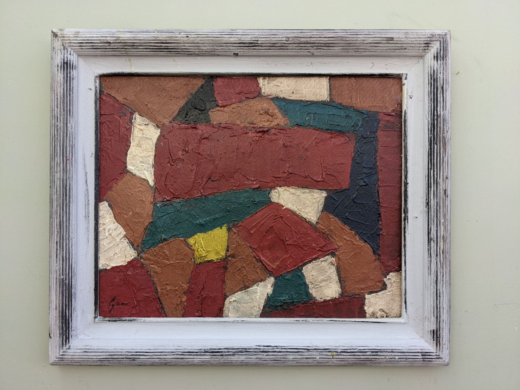 Mid-Century Modern Swedish "Gear" Vintage Abstract Oil Painting, Framed