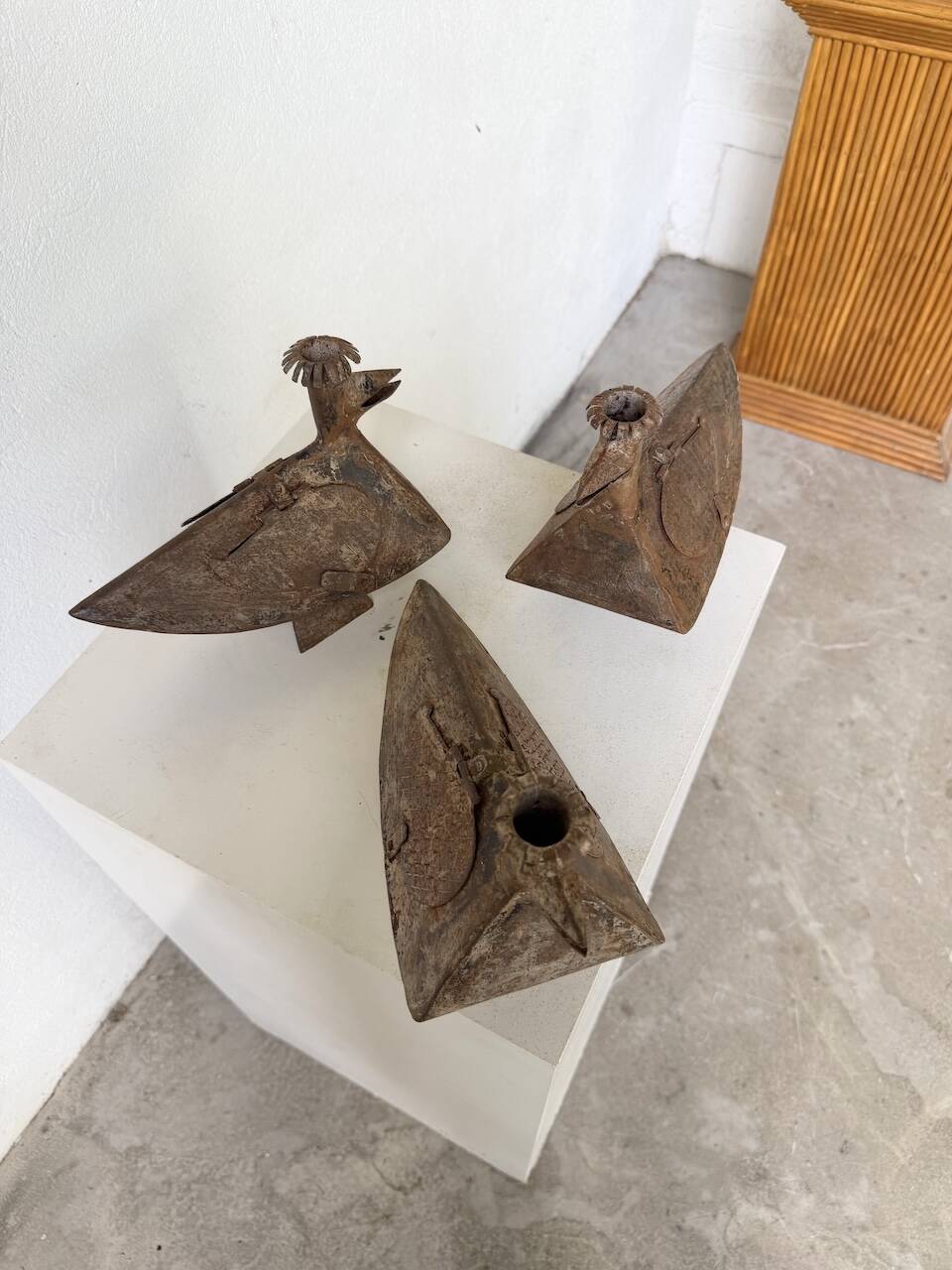 Series of three brutalist Folk Art candle holders