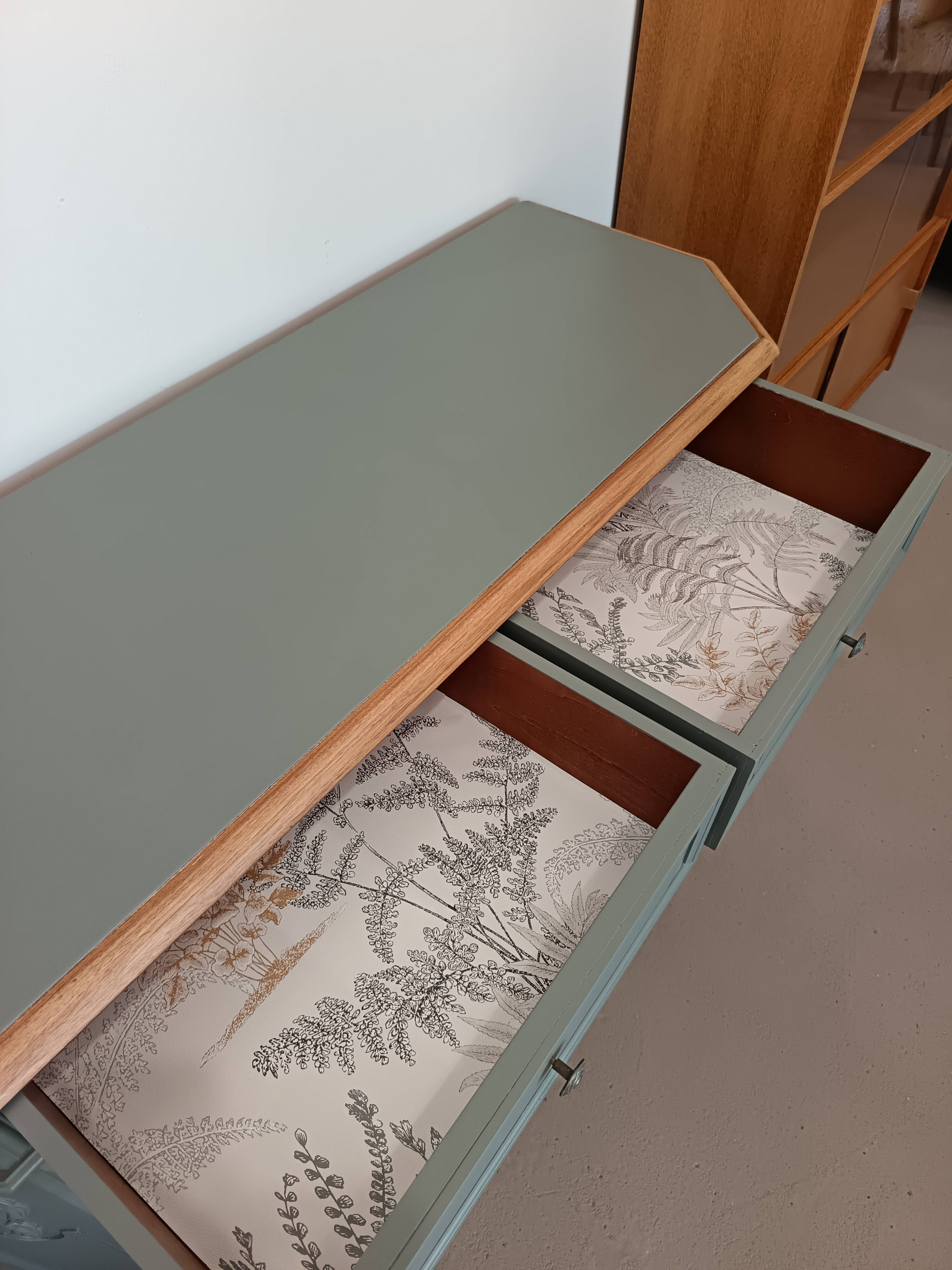 GREEN BRONZE AND WOOD BUFFET WITH MARQUETRY