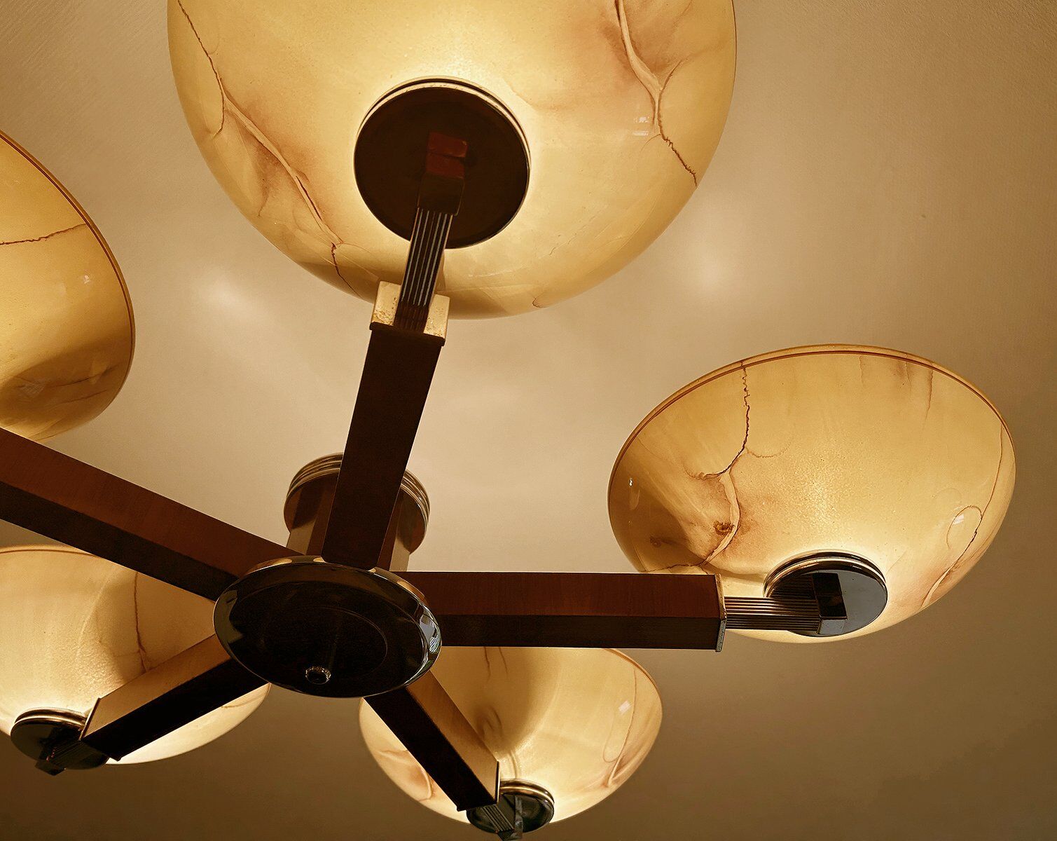Large Art Deco pendant light in wood and glass, 1930s