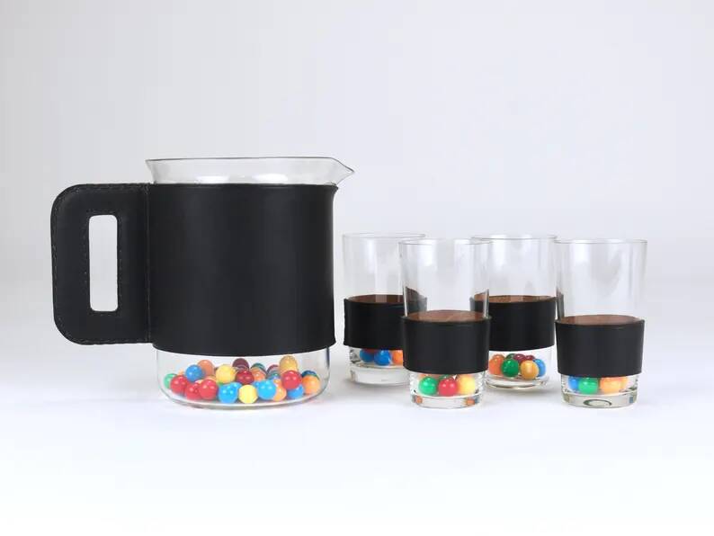 Carl Auböck Martini Set Black Leather Pitcher & Glasses, Austria, 1950s